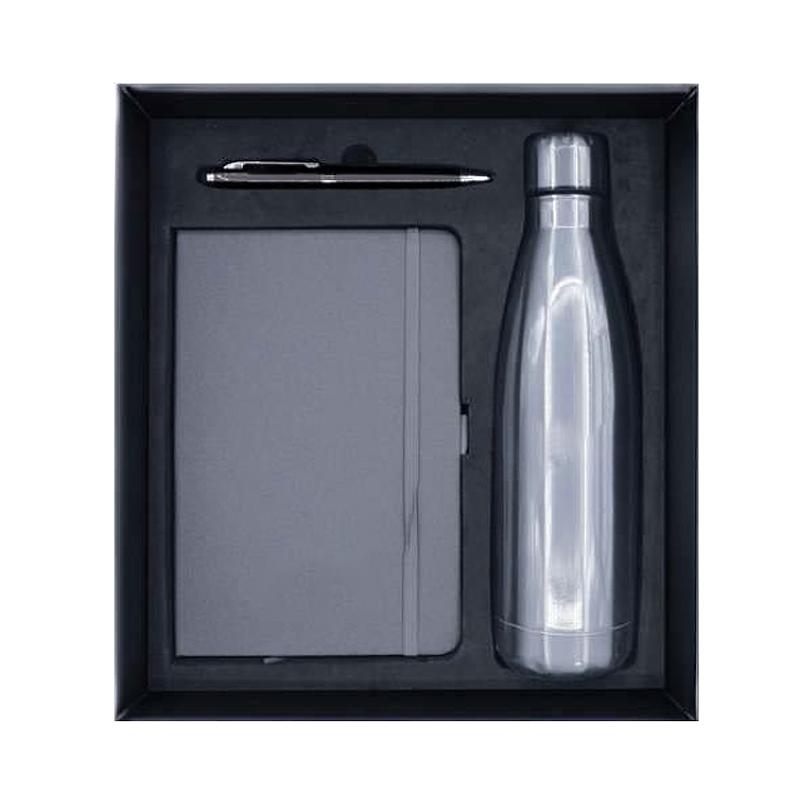 Silver Color PU Notebook, Silver Metal Pen with Stylus & Silver Insulated Bottle